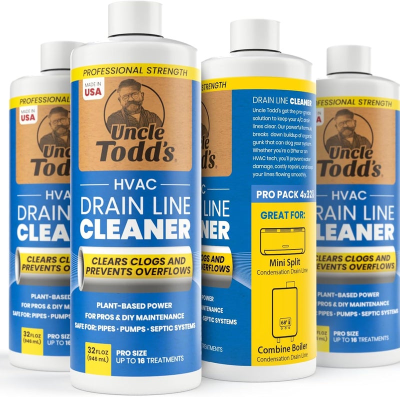 Uncle Todd's HVAC Drain Line Cleaner – 4pk of 32oz Bottles: Bleach-Free, Fast-Acting, Long-Lasting AC Drain Line Solution for Tough Clogs & Buildup - Image 1